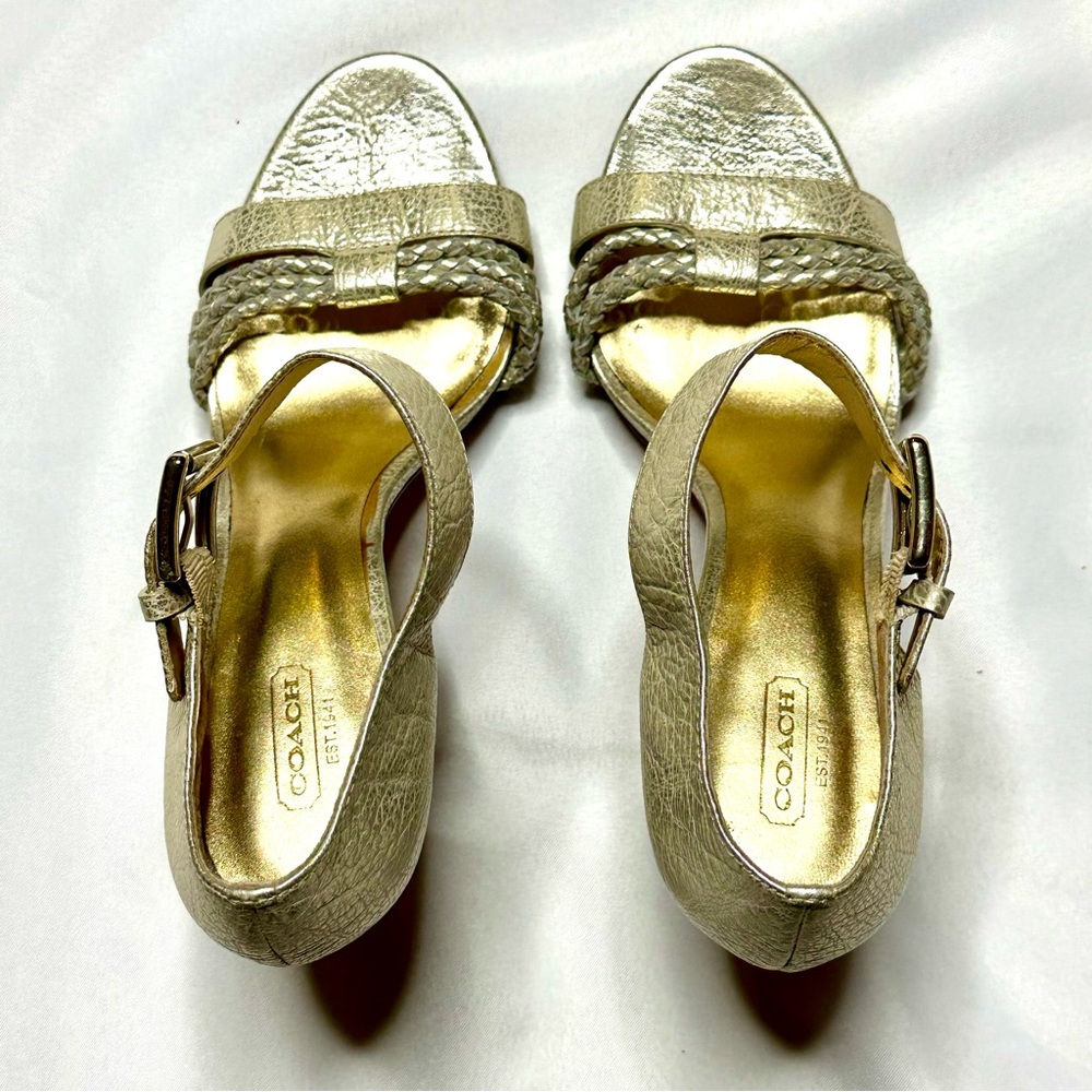 Coach Metallic Gold Braided Ankle-Strap Stack Heels Sz 10 - Picture 5 of 10